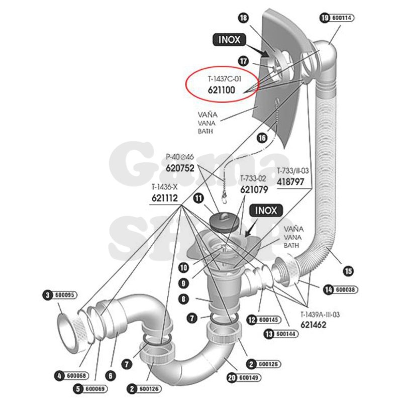 Vanové přepadové koleno T1437 C-01  621100