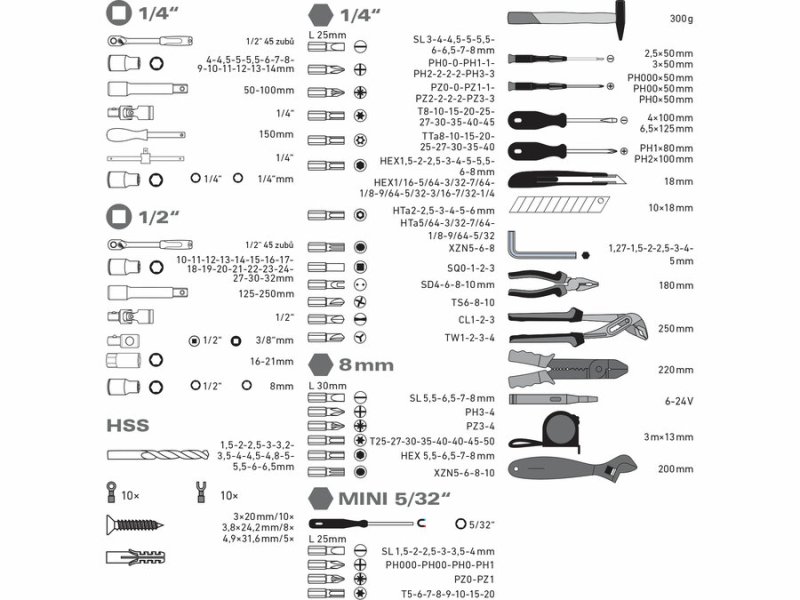Sada nářadí 303ks, 1/4", 1/2", EXTOL   918303